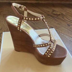 MICHAEL Michael Kors Alexi Wedge Sandals with Gold Studs